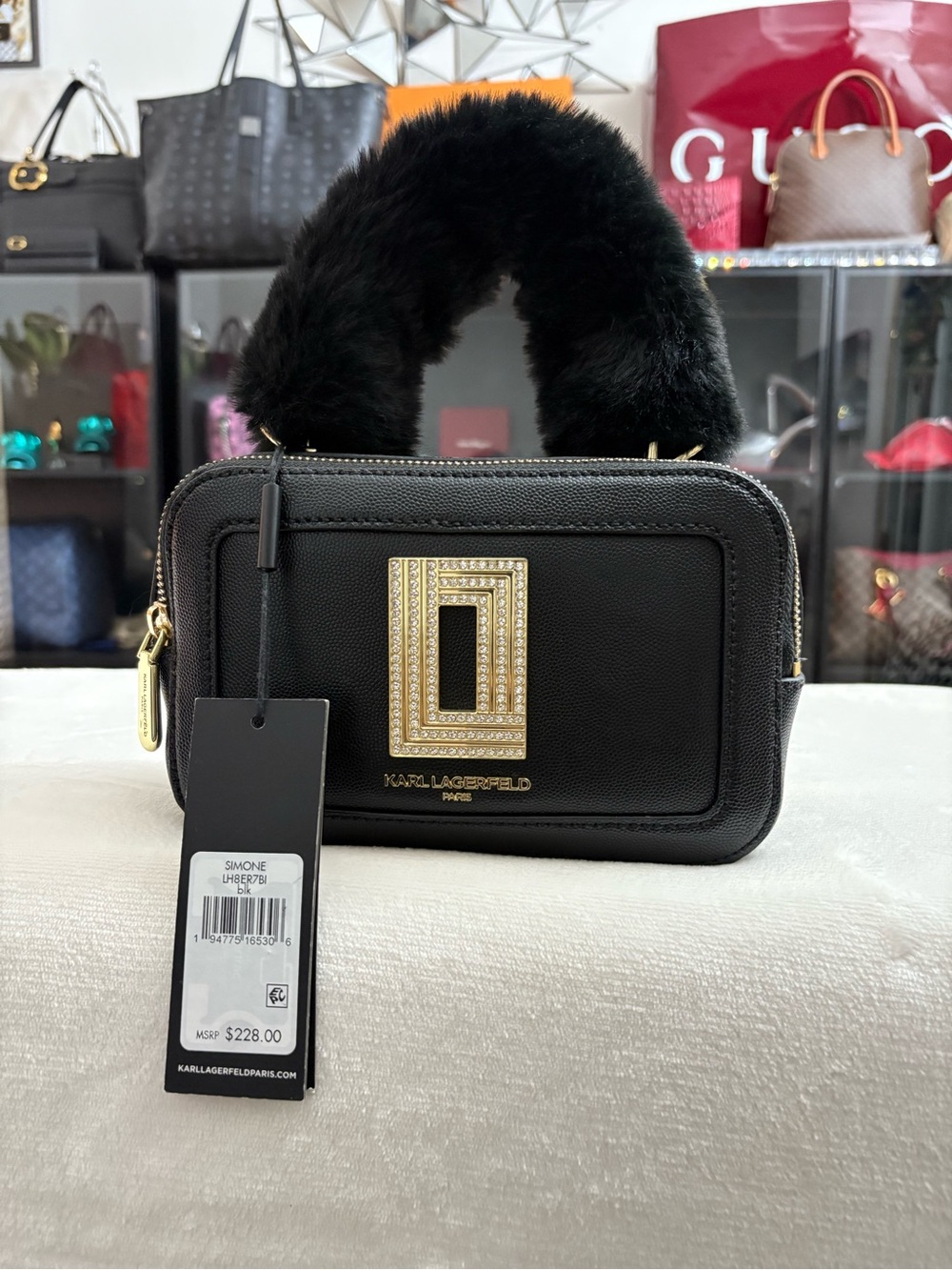 KARL LAGERFELD PARIS Simone Fuzzy Handle Camera Bag – Black Leather | NWT.